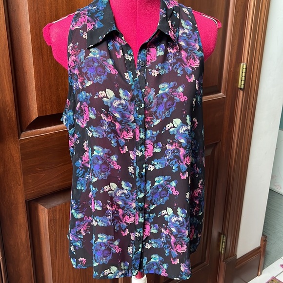 Decree Top Blouse Sheer Button Down Floral Sleeveless Black/multi Size L - Picture 4 of 12